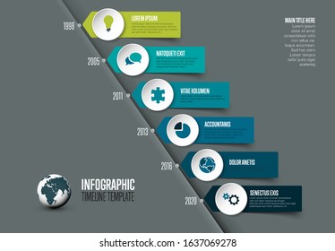 Vector Infographic Company Milestones Timeline Template With Circle Icon Pointers On A Straight Diagonal Time Line - Blue And Green Colors Version With Dual Colors Icons