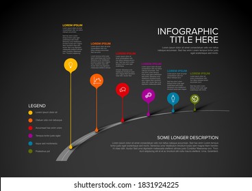 Vector Infographic Company Milestones Timeline Template with droplet pointers on a curved road line - dark version