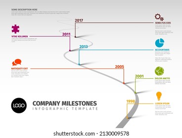 Plantilla de línea de tiempo de la empresa de infografía vectorial con punteros en una línea de carretera curva que apuntan al lado del infográfico donde hay una descripción corta título e icono