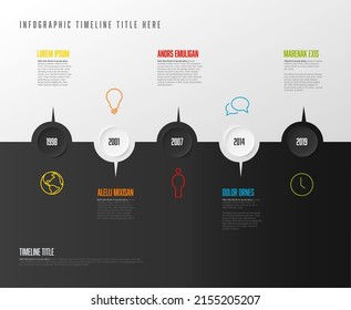 Vector Infographic Company Milestones Timeline Template With Circles And Dual Color Background - White And Black. Time Line Template Version With Icons On Split Background