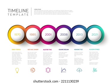 Vector Infographic Company Milestones Timeline Template with big white spheres on color gradient background, text placeholders and icons. Simple timeline infographic with spheres.