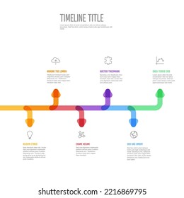 Plantilla de línea de tiempo de hitos de la empresa de infografía de vectores. Versión de la plantilla de línea de tiempo de marcado grueso claro con iconos. Línea de tiempo de color gruesa con curvas, iconos y contenido de texto