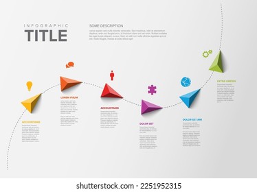 Vector Infographic Company Milestones Timeline Template with triangle pointers on a curved line with color icons titles and descriptions