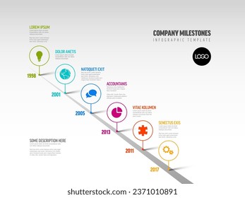 Vector Infographic Company Milestones Timeline Template with pointers on a diagonal straight road line with icons and sample texts on light gray background