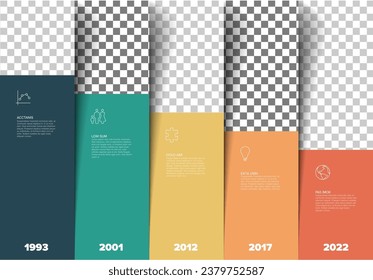 Vector Infographic Company Milestones Timeline Template with photo placeholders on color steps stairs columns. Timeline with photos description and big year numbers