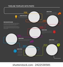 Vector Infographic Company Milestones Timeline Template with circle photo placeholders on colorful line. Multipurpose time line on dark background with circle photo frames