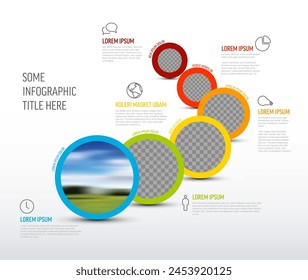 Plantilla de línea de tiempo de hitos de la compañía de infografía de Vector con marcadores de posición de fotos circulares sobre fondo claro. Diseño de diseño de Plantilla de línea de tiempo de marcadores de posición de foto circular.