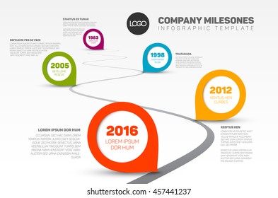 Vector Infographic Company Milestones Timeline Template with pointers on a curved road line