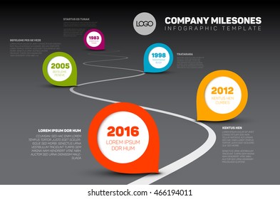 Vector Infographic Company Milestones Timeline Template with pointers on a curved road line - dark time line version