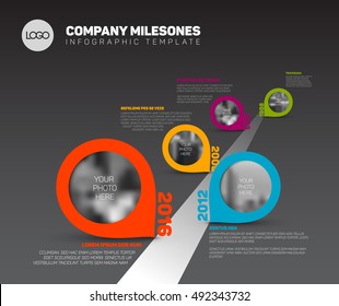 Plantilla de tiempo de la empresa de infografía de vectores con punteros y marcadores de posición de fotos en línea recta, versión oscura