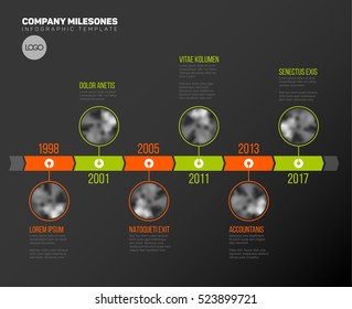 Vector Infographic Company Milestones Timeline Template With Circle Photo Placeholders On Dual Color Time Line - Dark Version