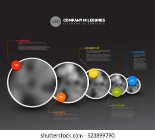 Vector Infographic Company Milestones Timeline Template with circle photo placeholders - dark version