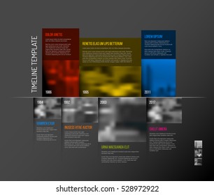 Plantilla de escala de tiempo de la empresa de infografía vectorial con marcadores de posición de foto de grandes rectángulos y efectos de sombra - versión de color oscuro