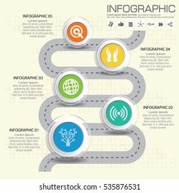 Vector Infographic Company Milestones Timeline Template with pointers on a curved road line