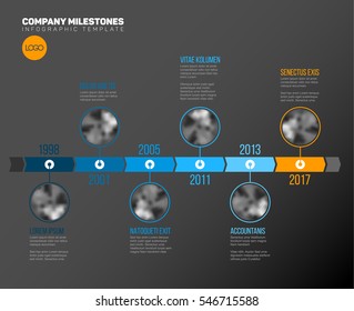 Vector Infographic Company Milestones Timeline Template with circle photo placeholders on a blue time line - dark version