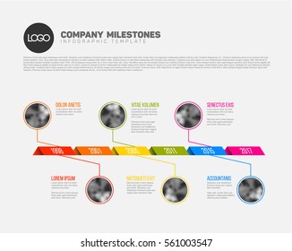 Vector Infographic Company Milestones Timeline Template with photo placeholders on a curved road line