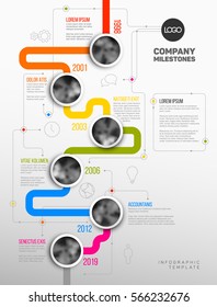 Vector Infographic Company Milestones Timeline Template with circle photo placeholders on colorful line - vertical version