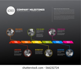 Vector Infographic Company Milestones Timeline Template with photo placeholders on a curved road line - dark version