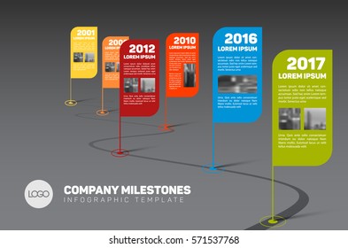 Vector Infographic Company Milestones Timeline Template with flag pointers and photo placeholders on a curved road line - dark version