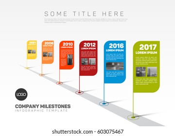 Vector Infographic Company Milestones Timeline Template with flag pointers and photo placeholders on a stright line