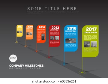 Vector Infographic Company Milestones Timeline Template with flag pointers and photo placeholders on a stright line - dark version