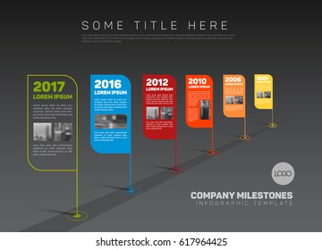 Vector Infographic Company Milestones Timeline Template with flag pointers and photo placeholders on a stright line - dark version