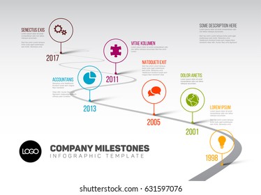 Vector Infographic Company Milestones Timeline Template with pointers on a curved road line