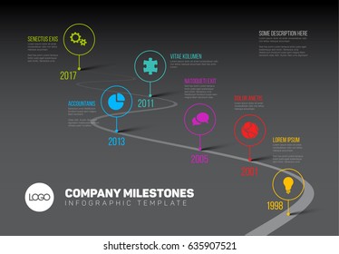 Vector Infographic Company Milestones Timeline Template with pointers on a curved road line - dark version