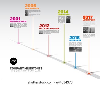 Vector Infographic Company Milestones Timeline Template with pointers and photos on a straight road line