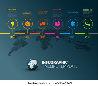 Vector Infographic Company Milestones Timeline Template with pointers on a line and world map in the dark background