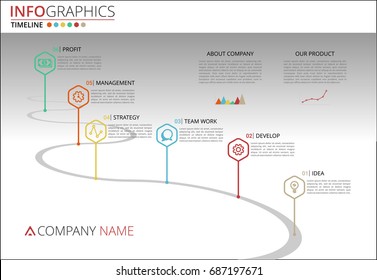 Vector Infographic Company Milestones Timeline Template with pointers on a curved road line. Can be used for workflow layout, diagram, business step options, banner, web design.