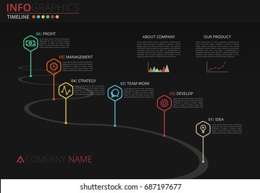 Vector Infographic Company Milestones Timeline Template with pointers on a curved road line. Can be used for workflow layout, diagram, business step options, banner, web design.