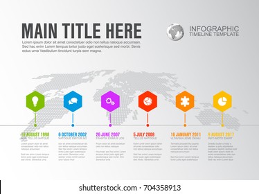 Vector Infographic Company Milestones Timeline Template with hexagon pointers on a line and world map in the background