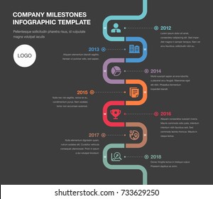 Vector infographic company milestones timeline template isolated on dark background. Easy to use for your design.