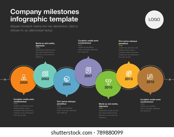 Vector infographic for company milestones timeline template isolated on dark background. Easy to use for your website or presentation.