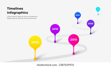 Hitos de la compañía de infografía vectorial con años. Plantilla de línea de tiempo con punteros en una línea de carretera curva