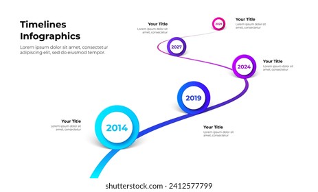 Vector infographic company milestones with years. Timeline template with pointers on a curved road line