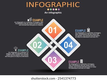 Vector infographic composition of diamond shape with 4 interconnecting lines representing steps for presentation, management, administration, planning, banking and management, and progress timeline.