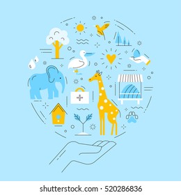 Vector infographic of conservation wild animals and environment. Save the natural fund of Earth. Design concept in trendy thin linear flat style.