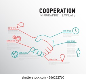 Plantilla de informe de cooperación informativa sobre vectores hecha a partir de líneas e iconos con apretón de manos - dos colores rojo y versión de cierre