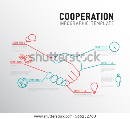Vector Infographic cooperation report template made from lines and icons with handshake - two colors red and teal version
