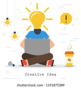 Vector infographic of creative business idea. Man worker sits with computer and coffee - lamp instead of head. Flat concept process of human thinking and finding the best solutions