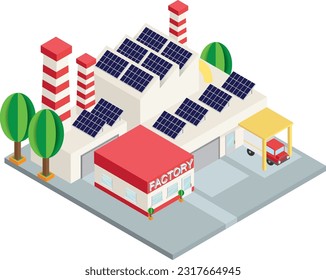fábrica vectorial infográfica de estilo lindo con paneles solares en el techo del edificio para ayudar a ahorrar energía, energía limpia y nueva energía, adecuada para cartografía y medios relacionados con la energía.