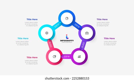 Vector infographic. Cycle diagram with 5 options. Pentagon with circles connected by arrows.