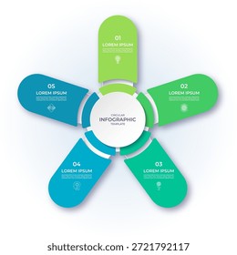 Diagrama de ciclo infográfico vetorial com 5 etapas, partes, segmentos. Modelo infográfico circular que pode ser usado para relatório, análise de negócios, visualização de dados, apresentação.