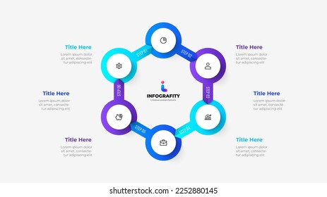 Vector infographic. Cycle diagram with 6 options. Hexagon with circles connected by arrows.