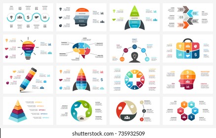 Vector Infographic, Cycle Diagram, Business Graph, Presentation Chart. Options, Part, Step, Process. Human Head Puzzle Brain, Light Bulb, Briefcase, Timeline, Startup Rocket, Pyramid Infographics Set.