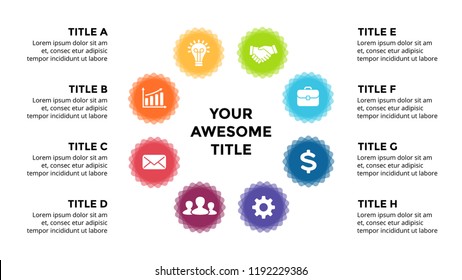 Vector infographic, cycle diagram, labels graph, stickers presentation chart. Business concept with 8 options, parts, steps, processes. 16x9 abstract slide template.