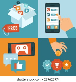 Infografía vectorial que representa el modelo de negocio freemium - gratis y libre para jugar aplicaciones y juegos - pagando por características y servicios adicionales - ilustración conceptual en estilo plano