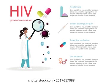 Infografía de Vector que muestra a un científico examinando el VIH a través de una lupa, incluye condones, medicación e íconos de educación sexual